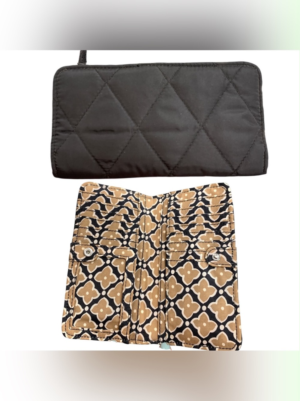 Vera Bradley Black Quilted Zip Wallet with Tan Patterned Interior